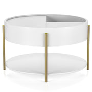 Front-facing modern round white storage coffee table with its sliding top open on a white background