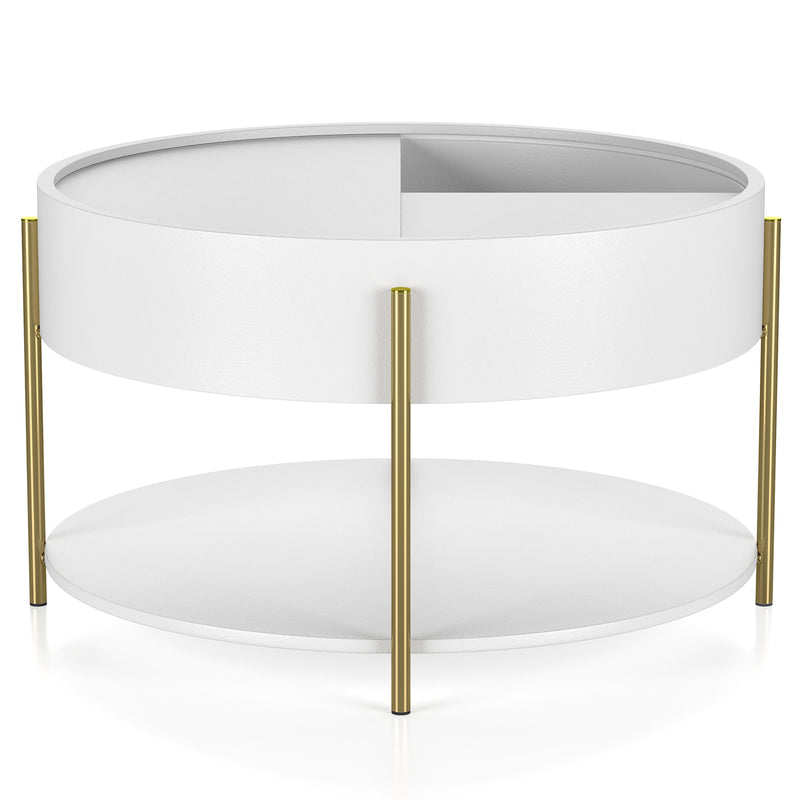 Front-facing modern round white storage coffee table with its sliding top open on a white background