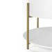 Front-facing close-up of gold finish iron legs on a modern round white storage coffee table with a sliding top on a white background