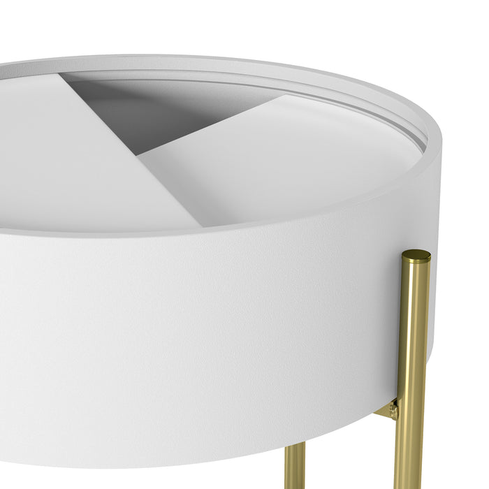 Angled close-up view of gold finish legs and open sliding top of a modern round white storage end table on a white background
