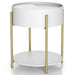 Angled modern round white storage end table with a sliding top on a white background