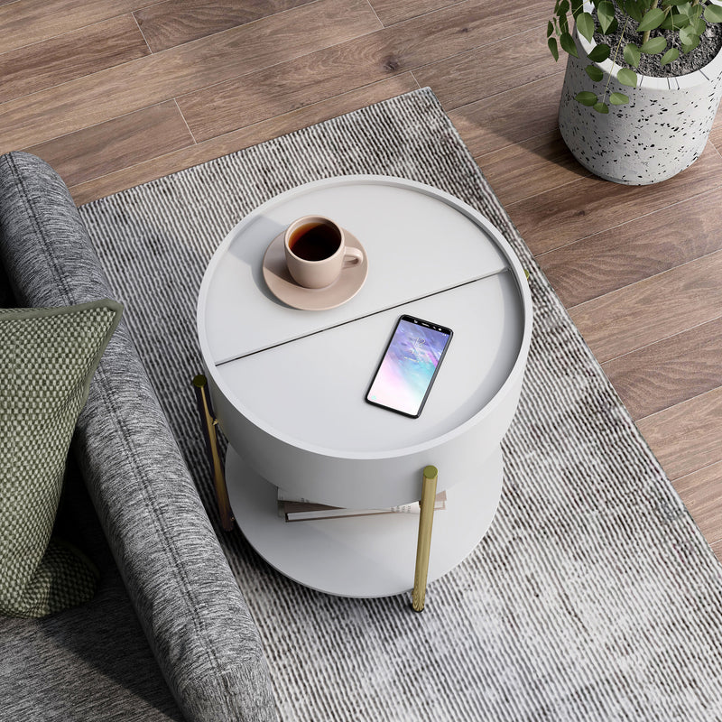 Right angled bird's eye view of a modern round white storage end table with a sliding top in a living area with accessories