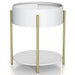 Front-facing modern round white storage end table with a sliding top on a white background