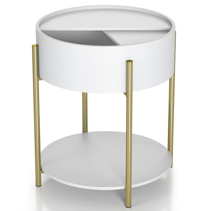 Angled modern round white storage end table with its sliding top open on a white background