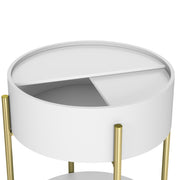 Angled slight upper view of a modern round white storage end table with its sliding top open on a white background