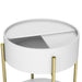 Angled slight upper view of a modern round white storage end table with its sliding top open on a white background