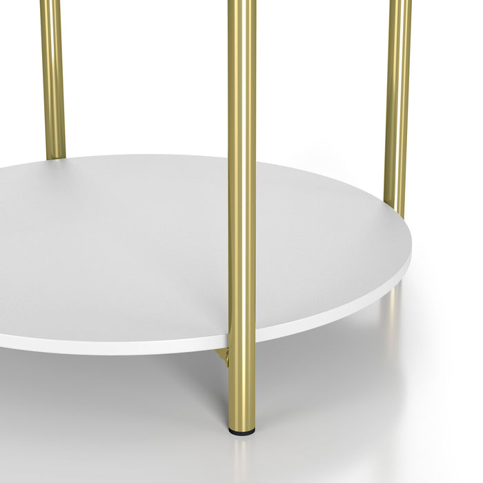 Angled close-up view of gold finish legs and lower shelf of a modern round white storage end table with a sliding top on a white background