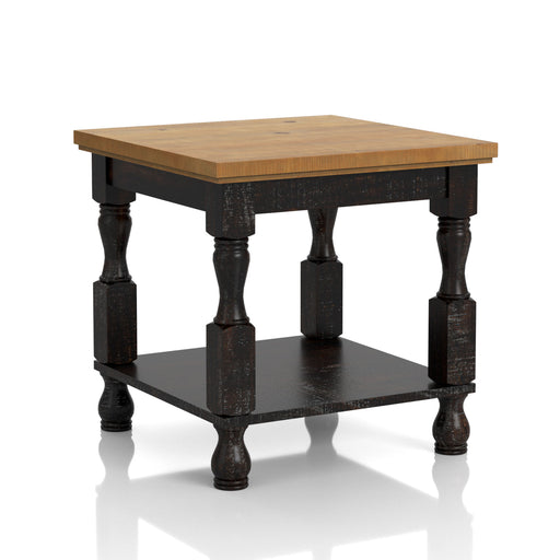 Angled transitional one-shelf antique black and oak end table against a white background.