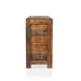 Side of a mango wood cabinet with plank-style paneling.