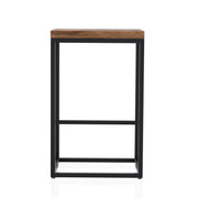 Front-facing rustic natural tone wood and black steel industrial bar stool on white background