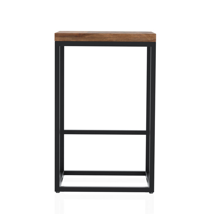 Front-facing rustic natural tone wood and black steel industrial bar stool on white background