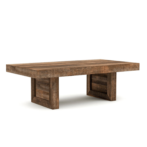 Right-angled, thick rectangular, coffee table against a white background. Unfinished solid mango wood craftsmanship is presented on sawblade-designed legs for a truly artisanal look.