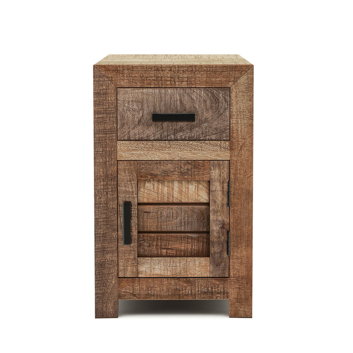 Front-facing side table against a white background. Unfinished solid mango wood craftsmanship presents black bar handles. The sawblade-design drawer and cabinet are a truly artisanal look.