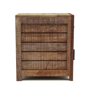 Right-facing side table against a white background. Unfinished solid mango wood craftsmanship presents a sawblade design for a truly artisanal look.