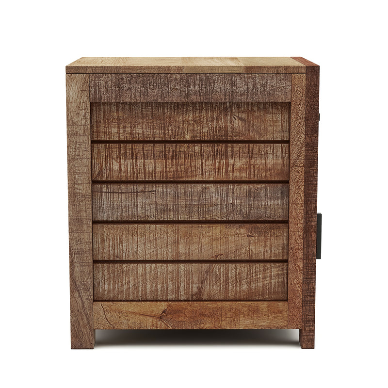 Right-facing side table against a white background. Unfinished solid mango wood craftsmanship presents a sawblade design for a truly artisanal look.