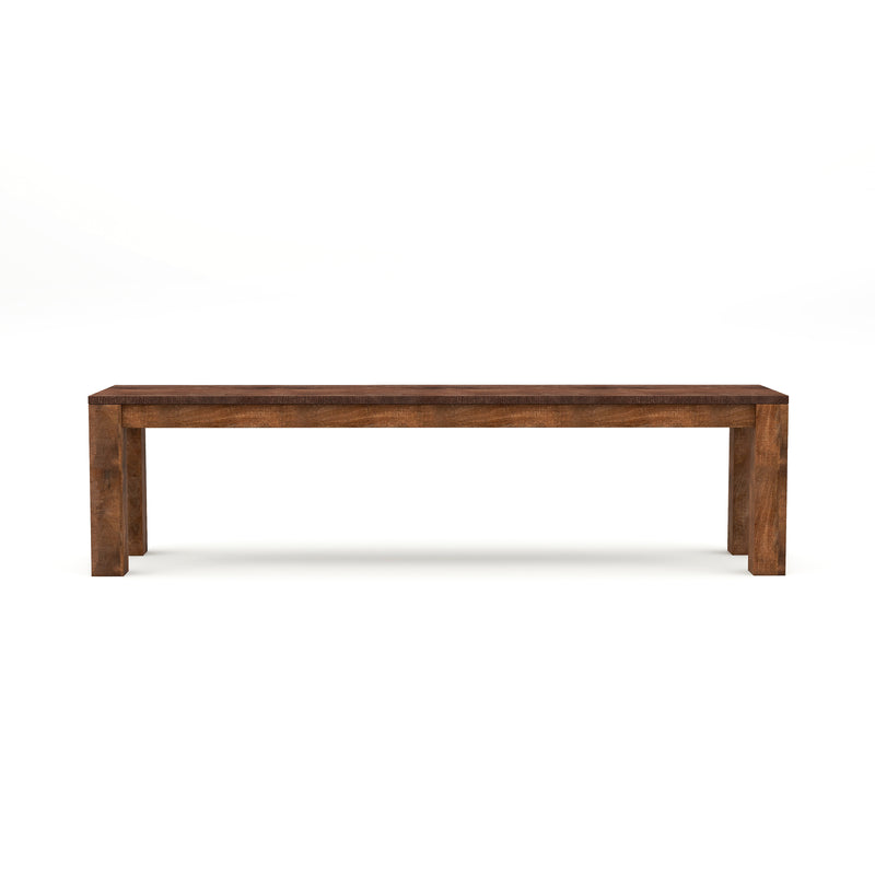 Front-facing 68-inch bench against a white background. Unfinished solid mango wood craftsmanship is a truly artisanal look.