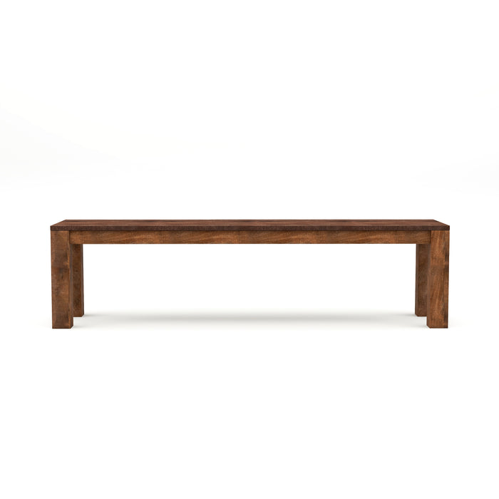 Front-facing 68-inch bench against a white background. Unfinished solid mango wood craftsmanship is a truly artisanal look.