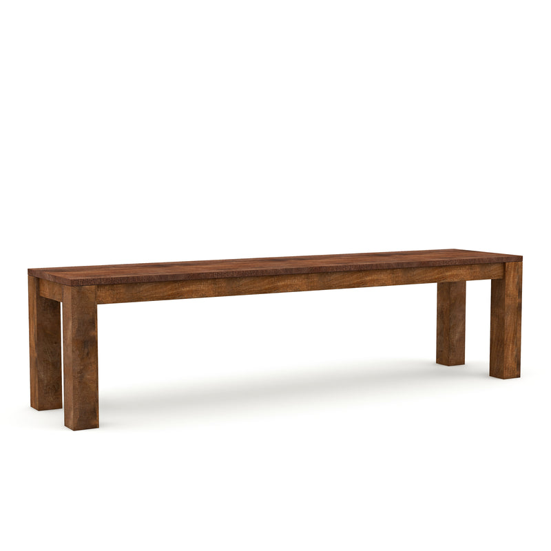 Right-angled 68-inch bench against a white background. Unfinished solid mango wood craftsmanship is a truly artisanal look.