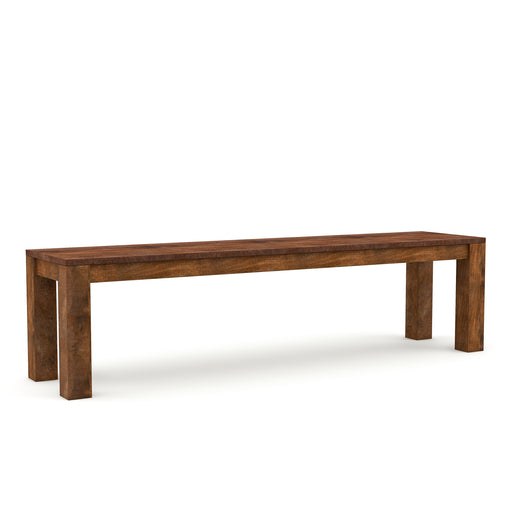 Right-angled 68-inch bench against a white background. Unfinished solid mango wood craftsmanship is a truly artisanal look.