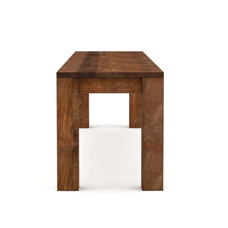 Side view of a 46-inch bench against a white background. Unfinished solid mango wood craftsmanship is a truly artisanal look.