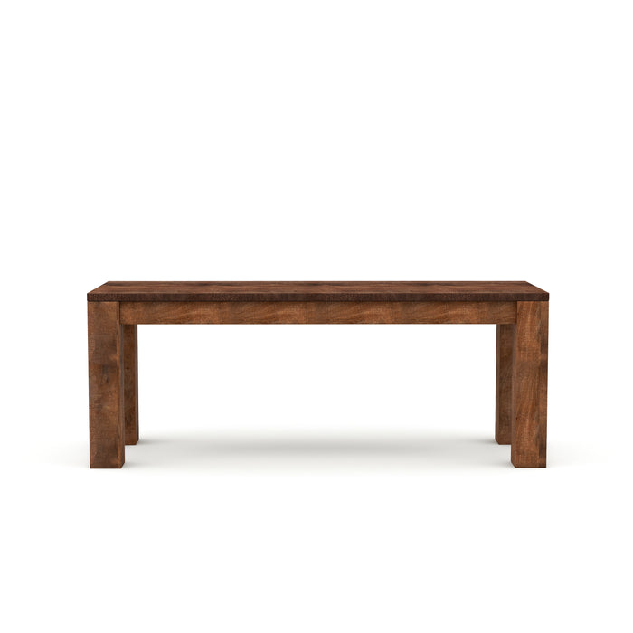 Front-facing 46-inch bench against a white background. Unfinished solid mango wood craftsmanship is a truly artisanal look.