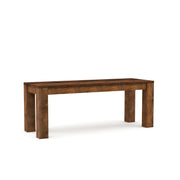 Right-angled 46-inch bench against a white background. Unfinished solid mango wood craftsmanship is a truly artisanal look.