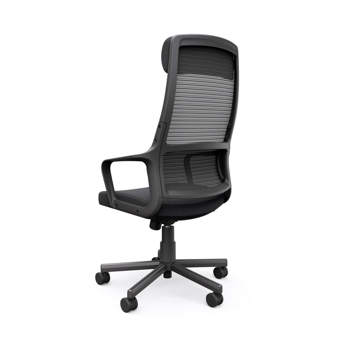 Angled back view of modern black fabric and metal adjustable office chair on a white background
