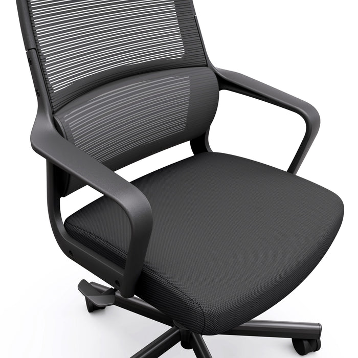 Angled partial mid- to lower view of modern black fabric and metal adjustable office chair on a white background