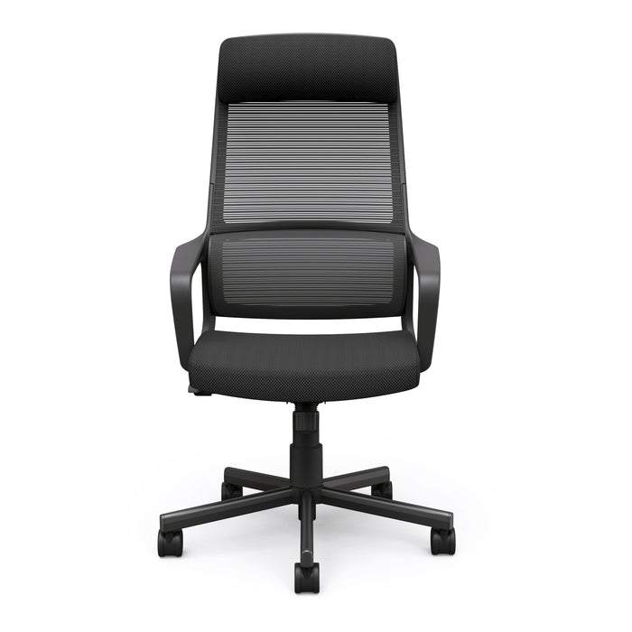 Front-facing view of modern black fabric and metal adjustable office chair on a white background