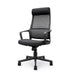 Angled view of modern black fabric and metal adjustable office chair on a white background