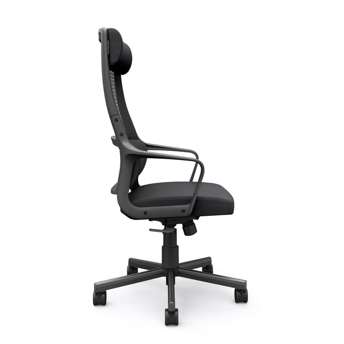Side-facing view of modern black fabric and metal adjustable office chair on a white background