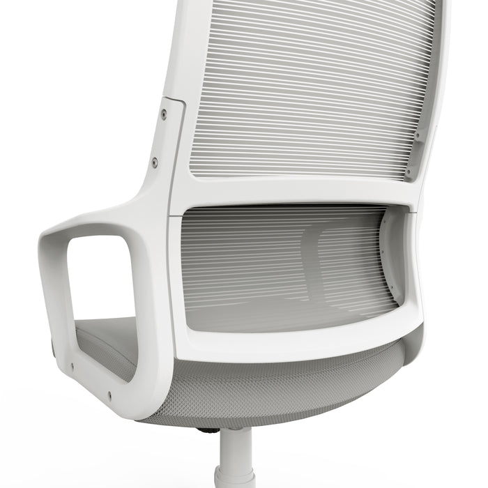 Angled back-facing partial view of modern gray fabric and metal adjustable office chair on a white background
