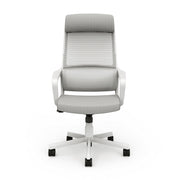 Front-facing view of modern gray fabric and metal adjustable office chair on a white background