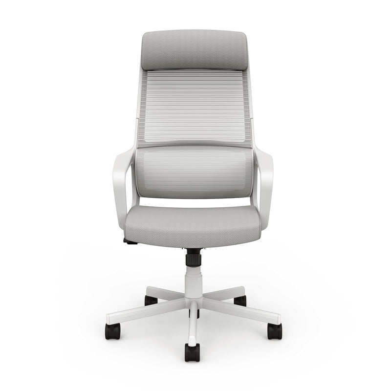 Front-facing view of modern gray fabric and metal adjustable office chair on a white background