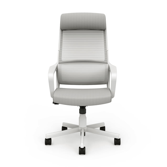 Front-facing view of modern gray fabric and metal adjustable office chair on a white background