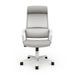 Front-facing view of modern gray fabric and metal adjustable office chair on a white background