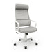 Angled view of modern gray fabric and metal adjustable office chair on a white background