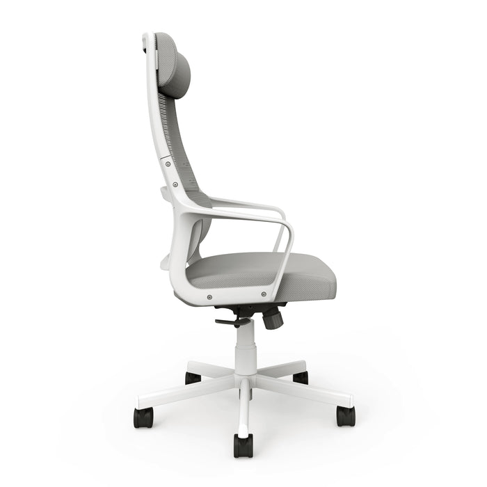 Side-facing view of modern gray fabric and metal adjustable office chair on a white background