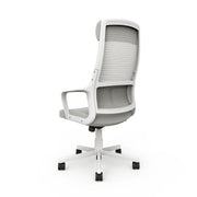 Angled back view of modern gray fabric and metal adjustable office chair on a white background