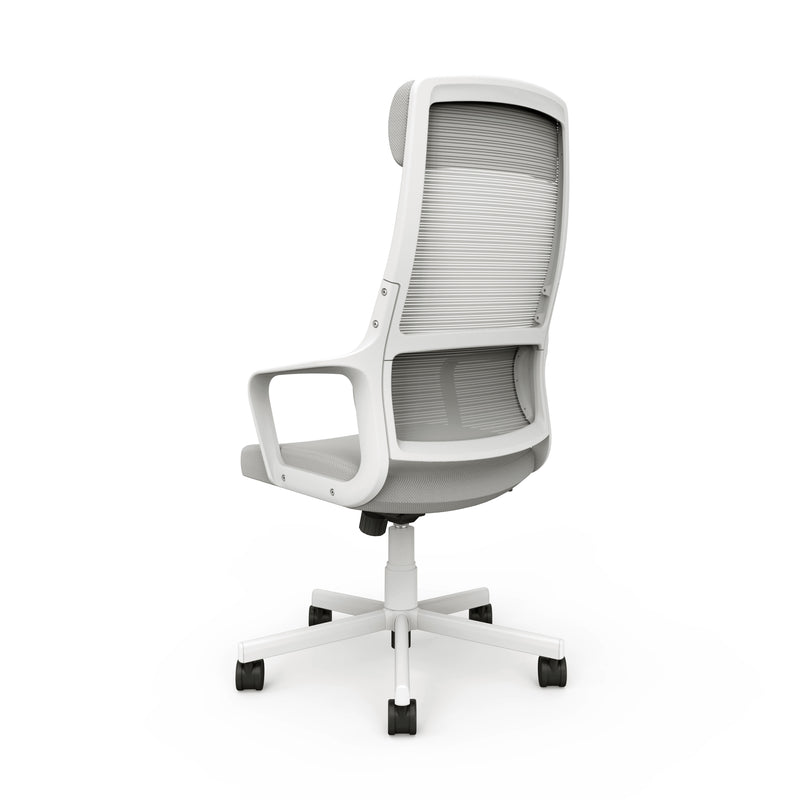 Angled back view of modern gray fabric and metal adjustable office chair on a white background