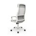 Angled back view of modern gray fabric and metal adjustable office chair on a white background