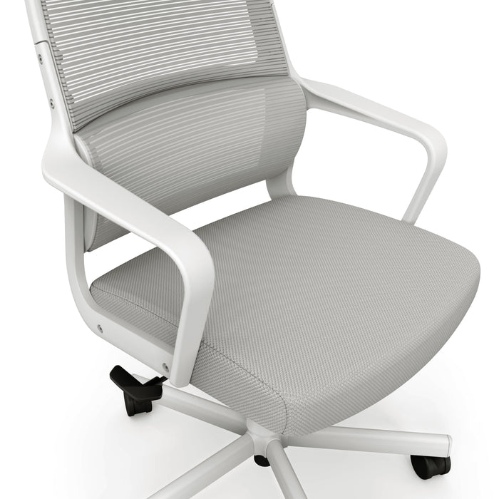 Angled partial view of lower part of modern gray fabric and metal adjustable office chair on a white background
