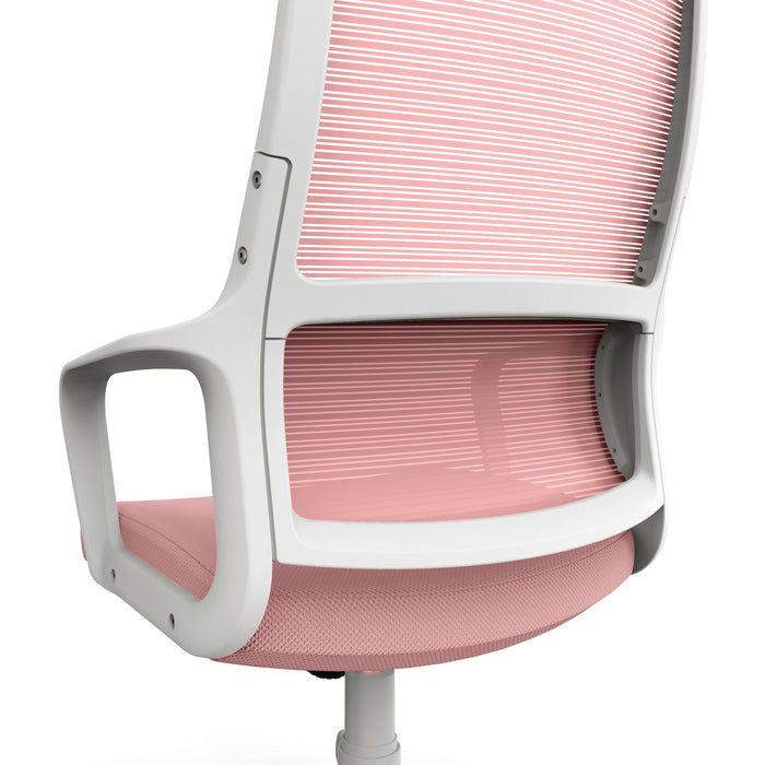 Angled side-facing partial view of back of modern pink fabric and white metal adjustable office chair on a white background