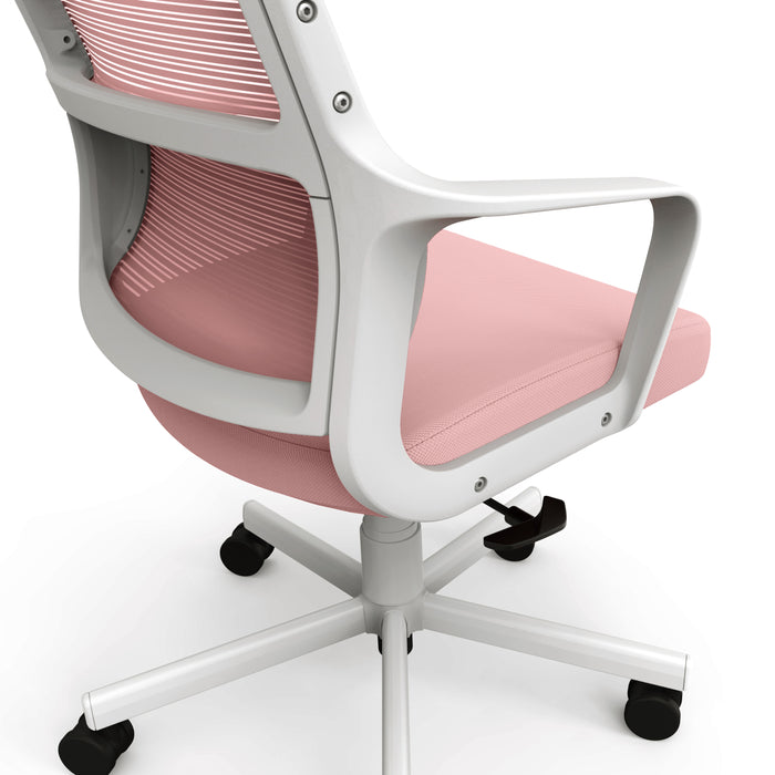 Angled side-facing partial view of back of modern pink fabric and white metal adjustable office chair on a white background