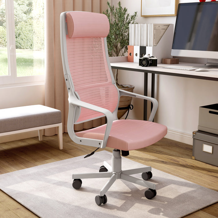 Angled view of modern pink fabric and white metal adjustable office chair in work space with furnishings and accessories