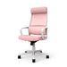 Angled view of modern pink fabric and white metal adjustable office chair on a white background
