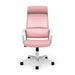 Front-facing view of modern pink fabric and white metal adjustable office chair on a white background