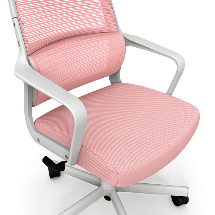 Angled side-facing partial view of modern pink fabric and white metal adjustable office chair on a white background