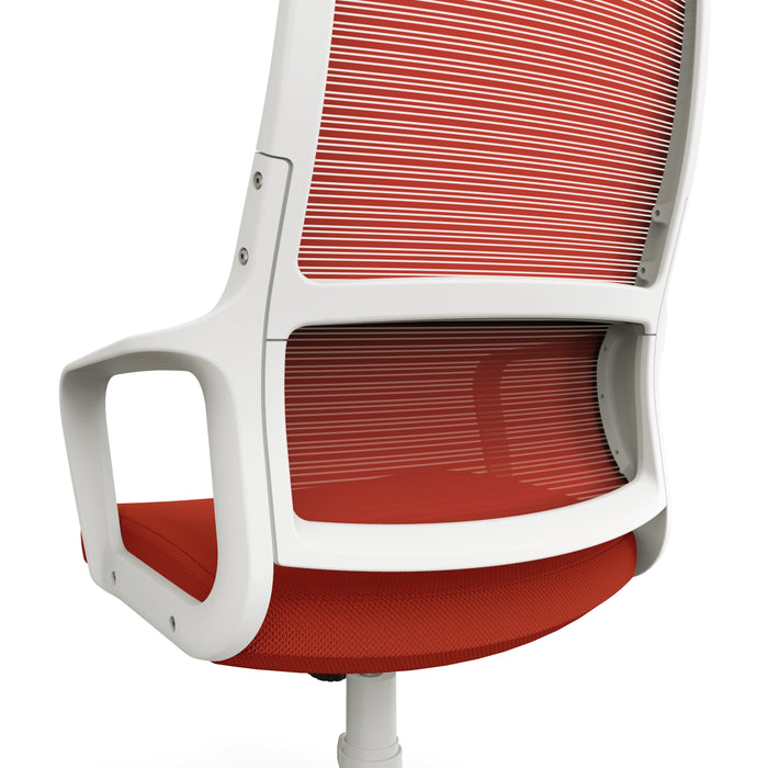 Angled partial back lower view of modern red fabric and white metal adjustable office chair on a white background
