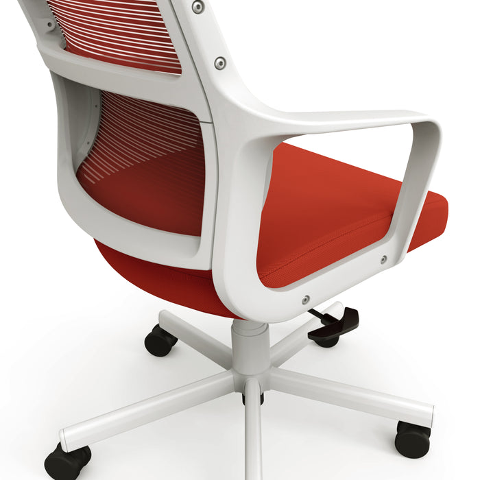Angled partial back lower view of modern red fabric and white metal adjustable office chair on a white background